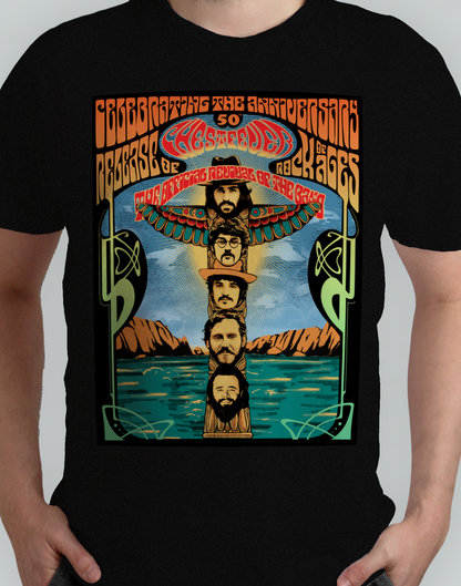 Chest Fever Rock of Ages 50th Anniversary black tour t-shirt with psychedelic totem artwork by Fandy Darisman